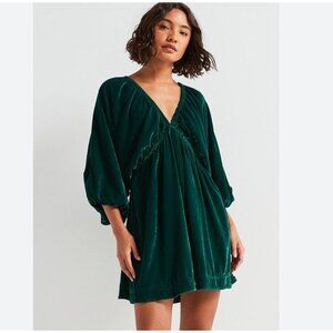 NWT FREE PEOPLE PORTIA GREEN EMERALD VELVET BALLOON SLEEVE MINI DRESS - XS